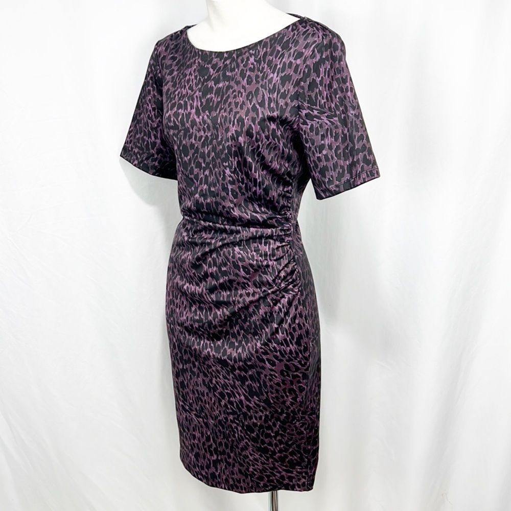 Elie Tahari Raveena Ruched Sheath Dress Aubergine Purple & Black Leopard Print 8 - Picture 5 of 13